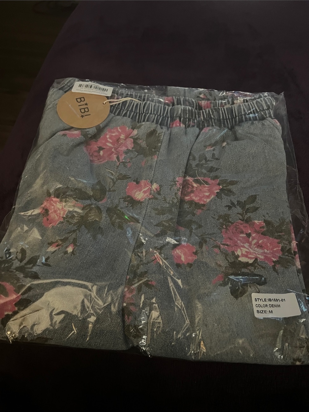 BiBi Denim Floral Lounge Pants with Pink Roses